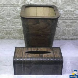 سطل و جا دستمال چوبی قهوه ای